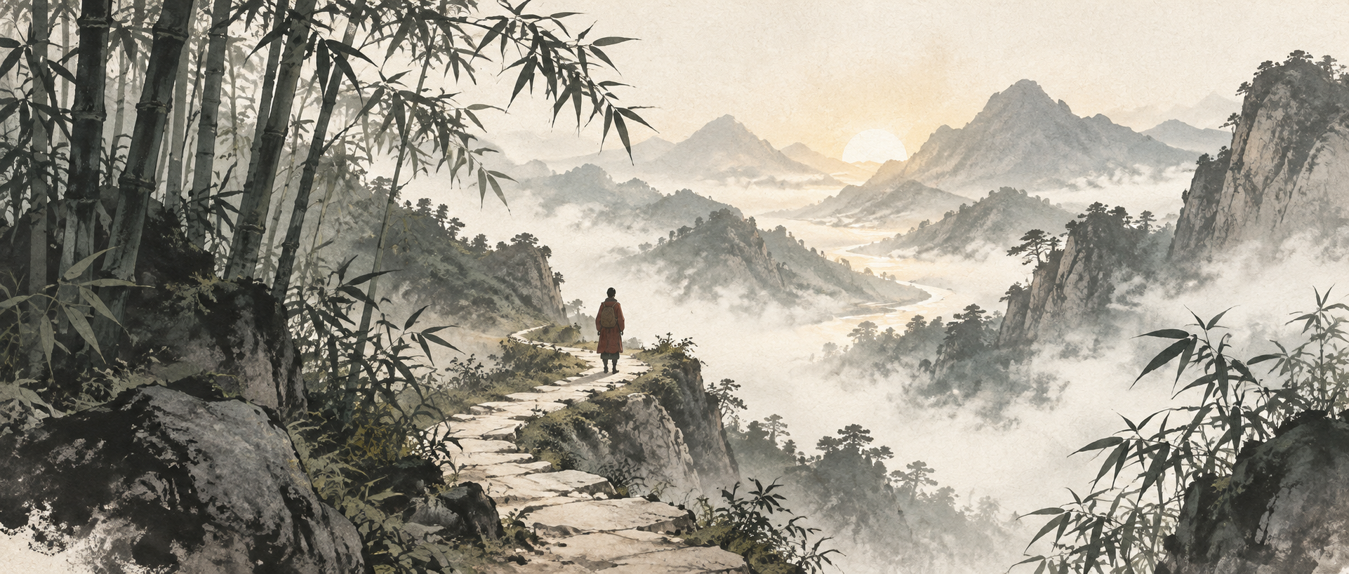 竹影中的山路通向远处微光,一位行者驻足望向群山